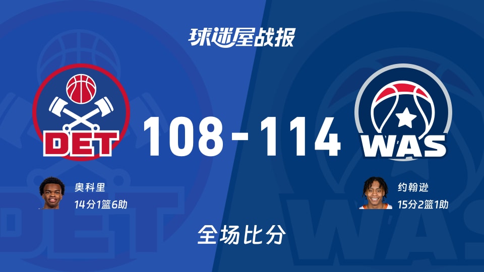 NBA活塞vs奇才战报：108-114，约翰逊15+2+1