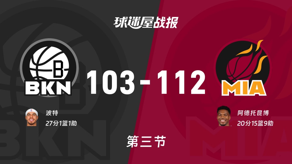 NBA季前赛：热火三节领先篮网9分，阿德托昆博得到20分，波特得到27分