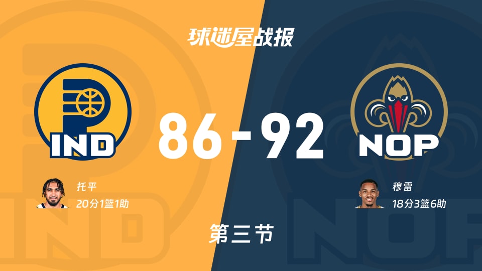步行者vs鹈鹕：三节战罢，步行者86-92鹈鹕，托平得到20分