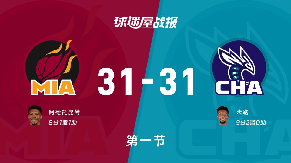 热火vs黄蜂：第一节完，热火31-31黄蜂，米勒得到9分