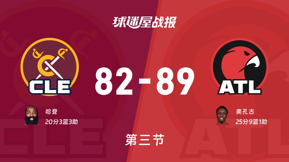 骑士vs老鹰：三节战罢，骑士82-89老鹰，奥孔古得到25分